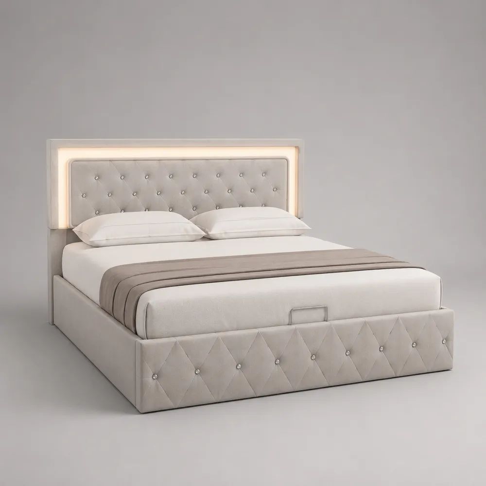 Letto matrimoniale contenitore 160 × 200 cm con illuminazione LED, rivestimento in velluto beige chiaro e testiera capitonné