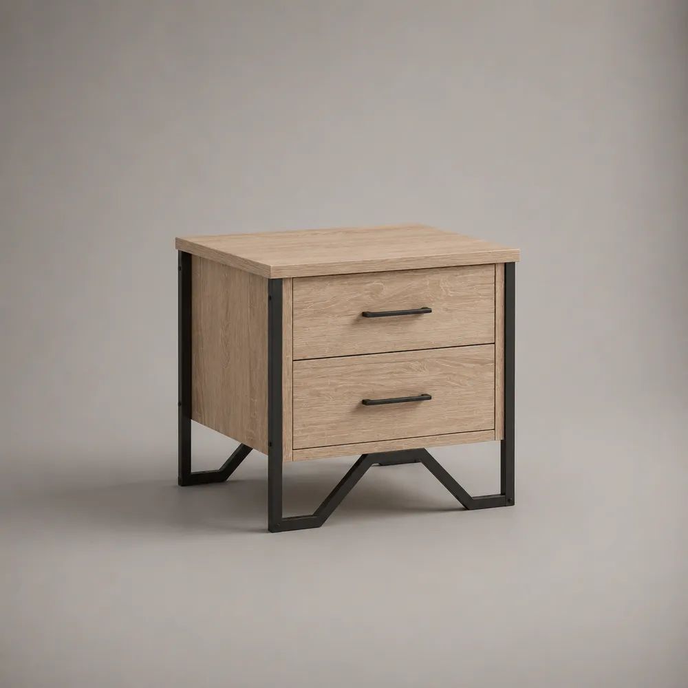 Comodino rettangolare con 2 cassetti in legno e metallo, rovere chiaro e nero, 45 x 40 x 50 cm