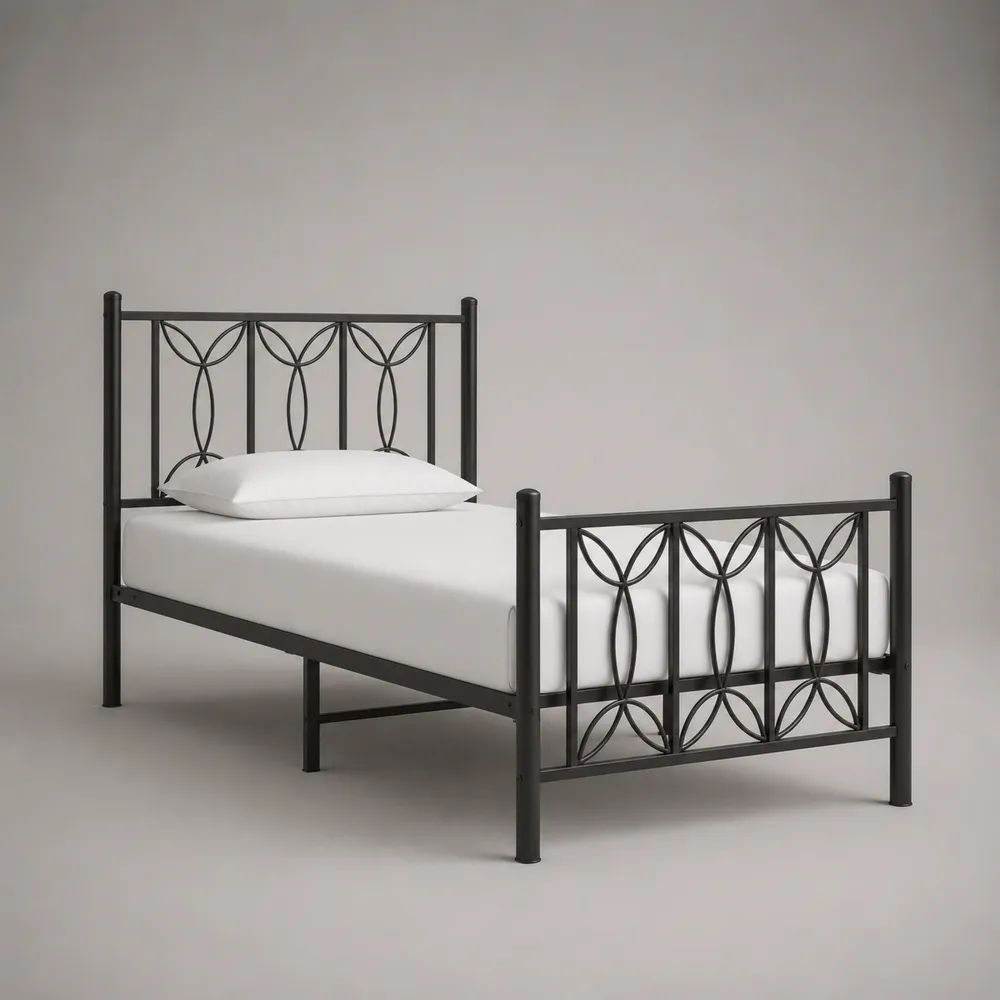 Letto singolo 90 x 200 cm con struttura in acciaio nero, testiera e pediera decorative