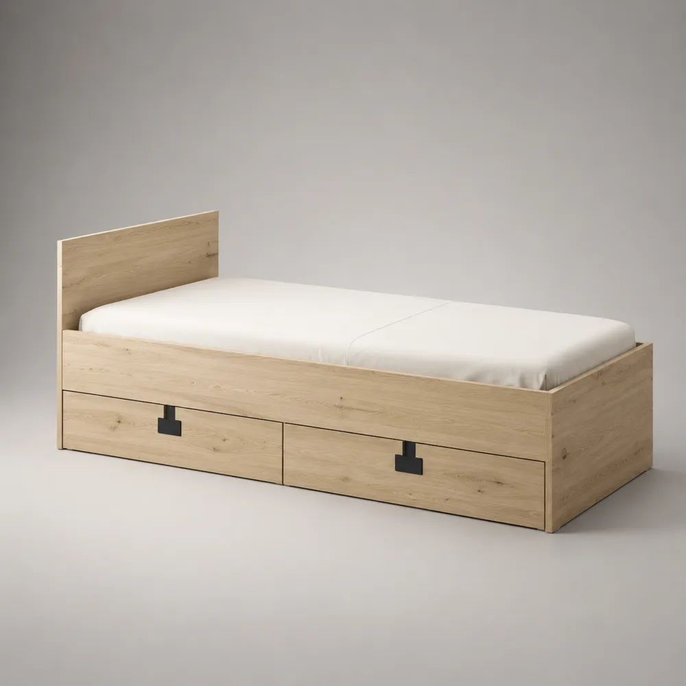 Letto singolo rettangolare in truciolare melamminico effetto rovere naturale con 2 cassetti, rete 90 x 200 cm, dimensioni 205 x 96 x 80 cm