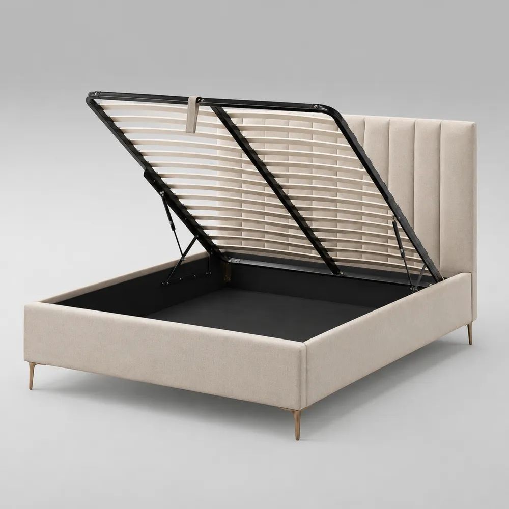 Letto matrimoniale contenitore in acciaio e tessuto beige, 215 x 172 x 120 cm, rete a doghe 160 x 200 cm, dettagli neri e oro