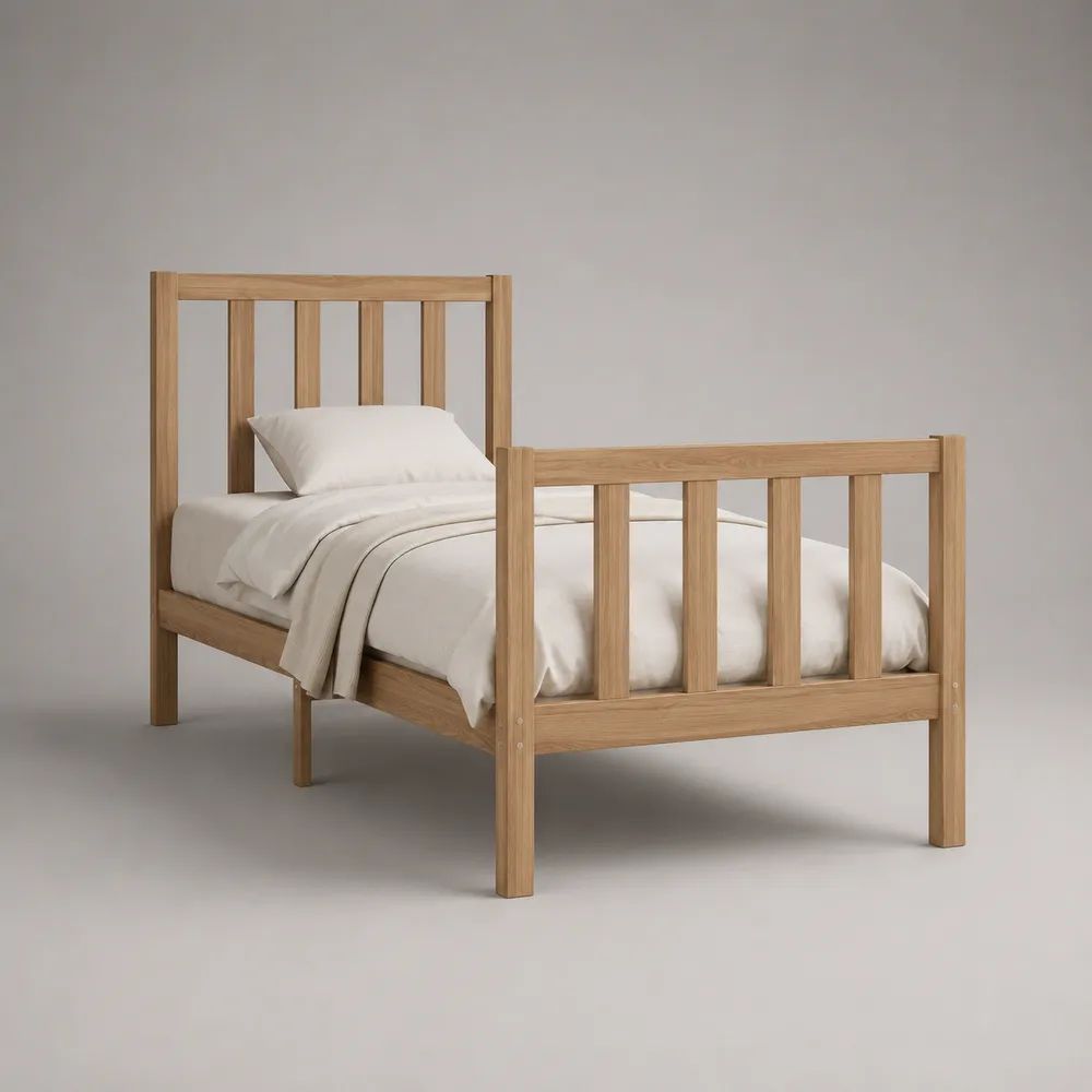 Letto singolo 90 x 190 cm in legno massello di pino naturale con testiera e pediera, 198 x 98 x 105 cm