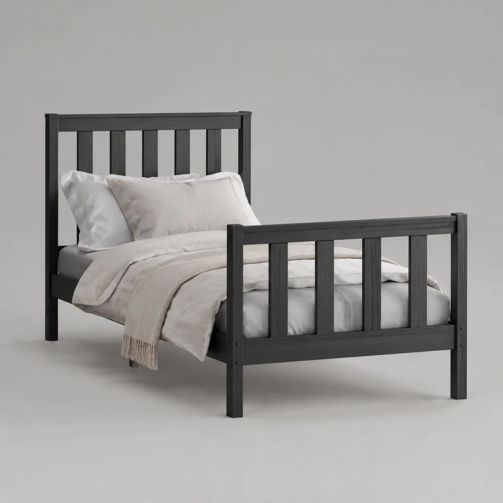 Letto singolo in legno massello di pino grigio antracite con testiera e pediera, 198 x 99 x 105 cm, per materasso 90 x 190 cm