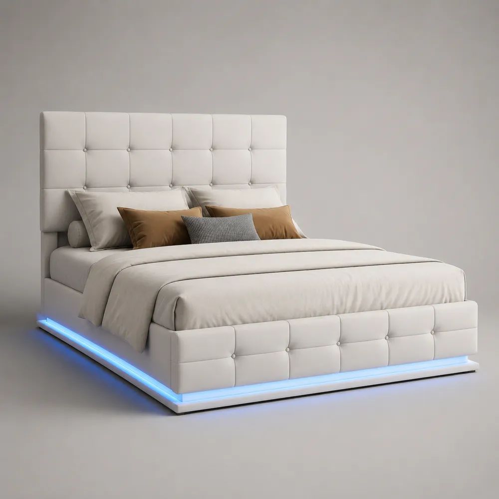 Letto matrimoniale contenitore rettangolare imbottito in poliestere con illuminazione LED blu, 180 × 218 × 130 cm, per materasso 160 × 200 cm, bianco