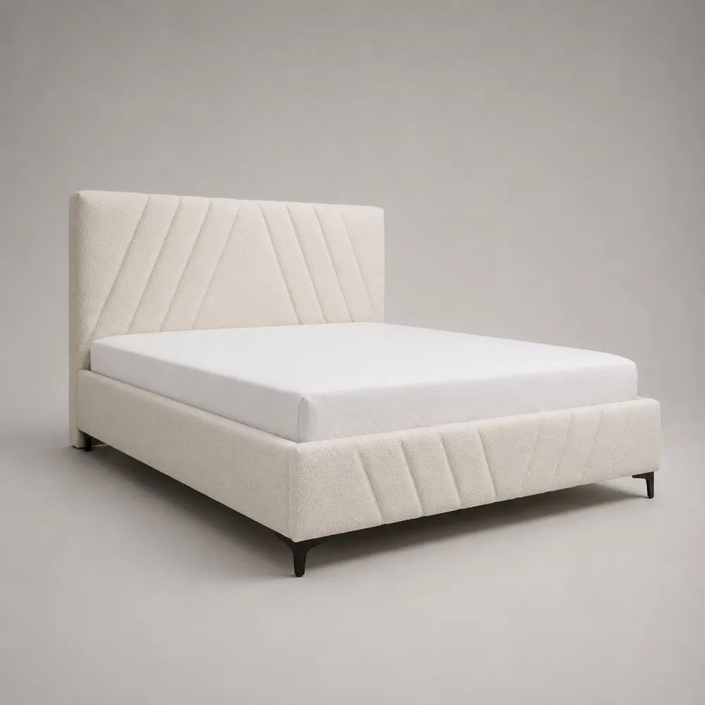 Letto matrimoniale contenitore 160 × 200 cm in tessuto bouclé crema con testiera imbottita e piedini neri