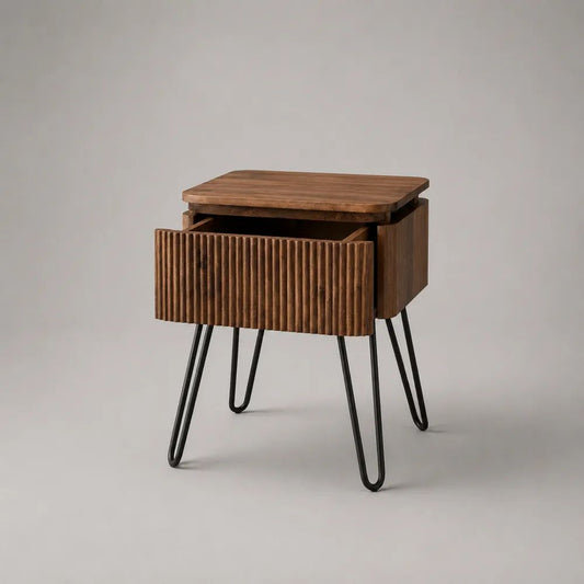 Comodino rettangolare in legno e acciaio marrone e nero con cassetto, 45 x 35 x 55 cm