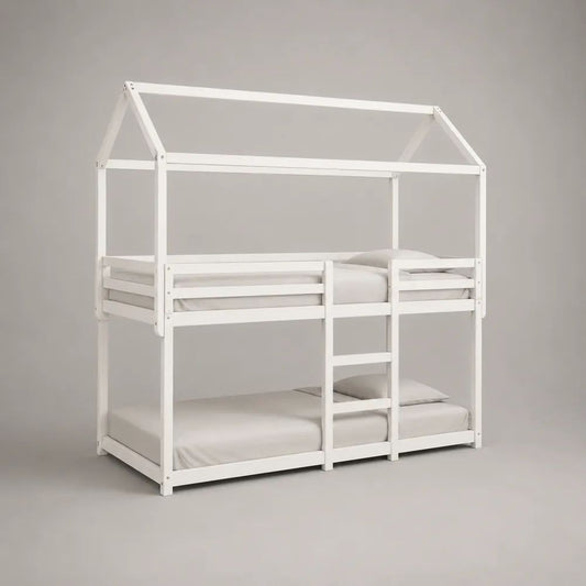 Letto a castello per bambini a 2 posti in legno bianco con tetto a casetta e scaletta centrale, 207 x 97 x 208 cm, letti 90 x 200 cm