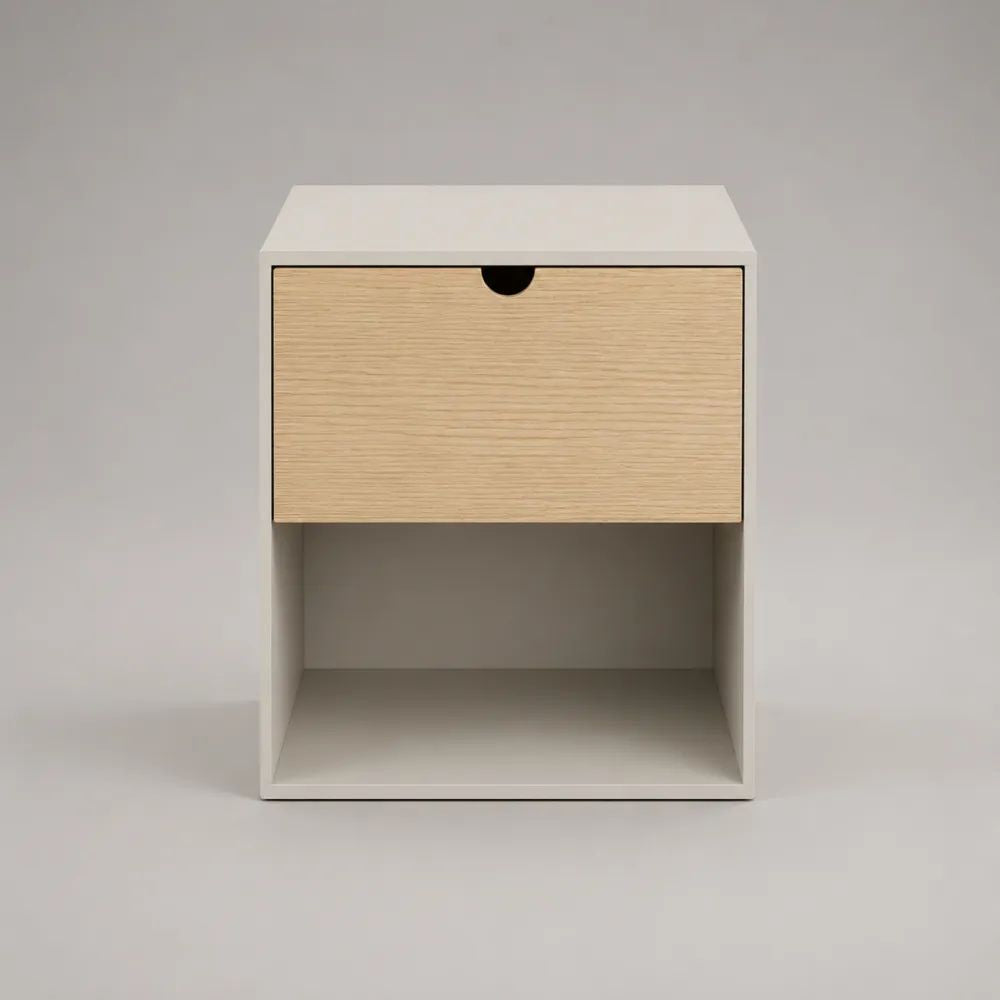 Comodino in legno bianco e rovere chiaro con cassetto e vano aperto, 40 x 35 x 50 cm