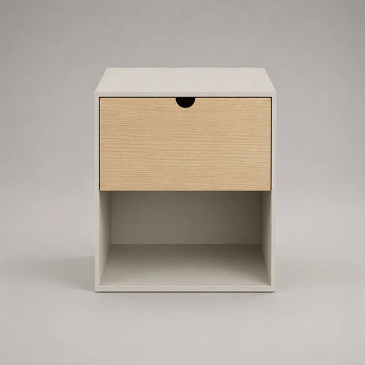 Comodino in legno bianco e rovere chiaro con cassetto e vano aperto, 40 x 35 x 50 cm