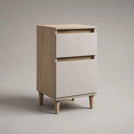 Comodino alto rettangolare in legno beige e rovere chiaro con 2 cassetti, 40 x 35 x 70 cm