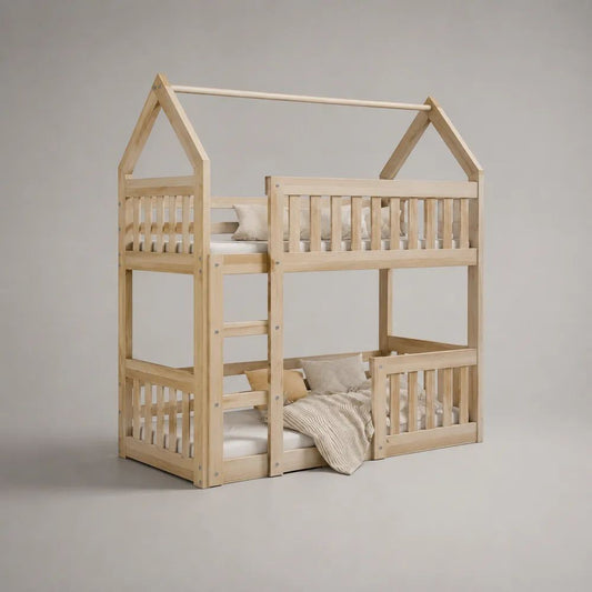 Letto a castello per bambini a forma di casetta in pino massello naturale, 2 posti letto da 90 x 190 cm, dimensioni 198 x 98 x 220 cm