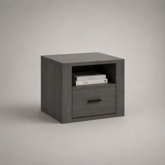 Comodino rettangolare in pannello truciolare melaminico grigio antracite con cassetto e vano aperto, 45 x 40 x 50 cm