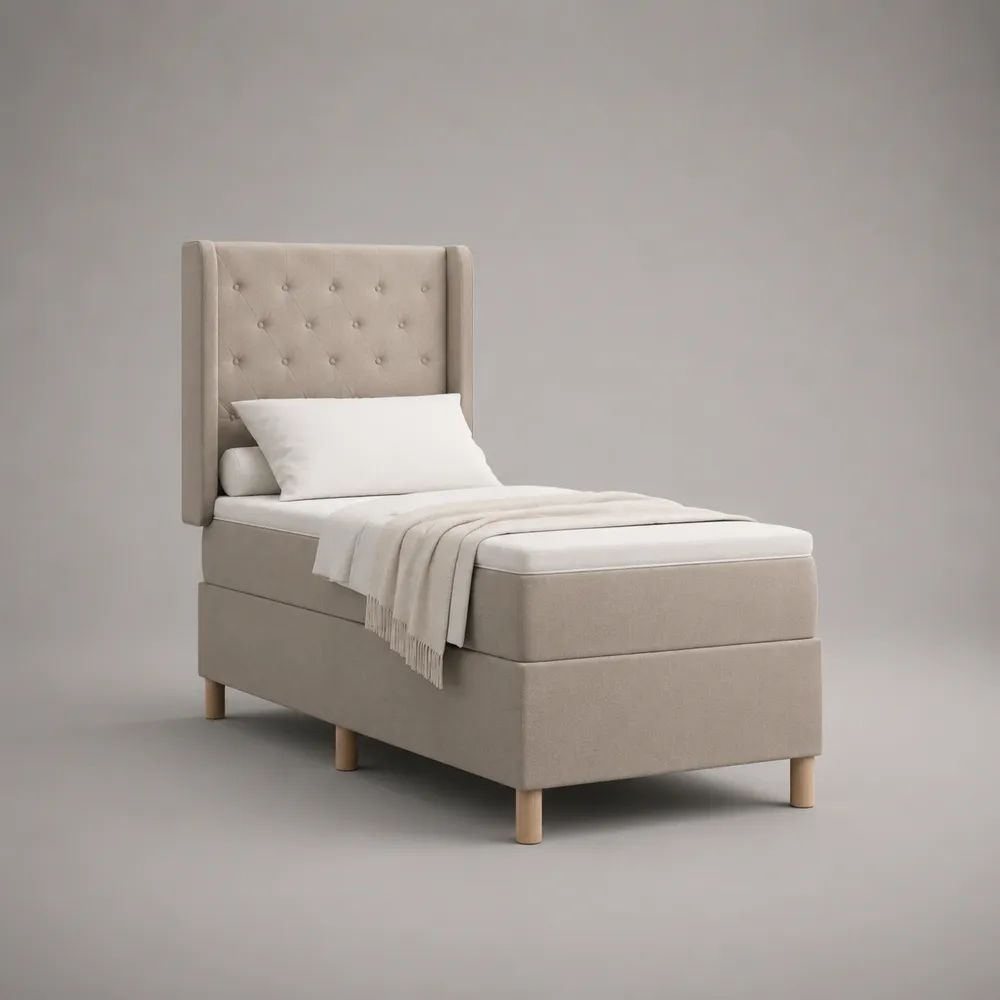 Letto singolo imbottito beige 90 x 200 cm con rete a doghe e testiera capitonné