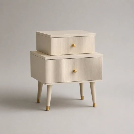 Comodino rettangolare con 2 cassetti in MDF e gambe in legno massello, crema e oro, 50 x 35 x 65 cm