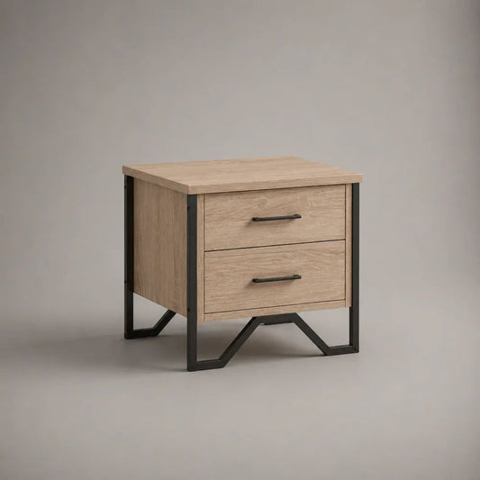 Comodino rettangolare con 2 cassetti in legno e metallo, rovere chiaro e nero, 45 x 40 x 50 cm