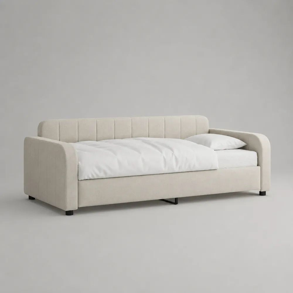Letto singolo imbottito stile divano in tessuto beige crema, per materasso 90 x 200 cm, 220 x 101 x 82 cm