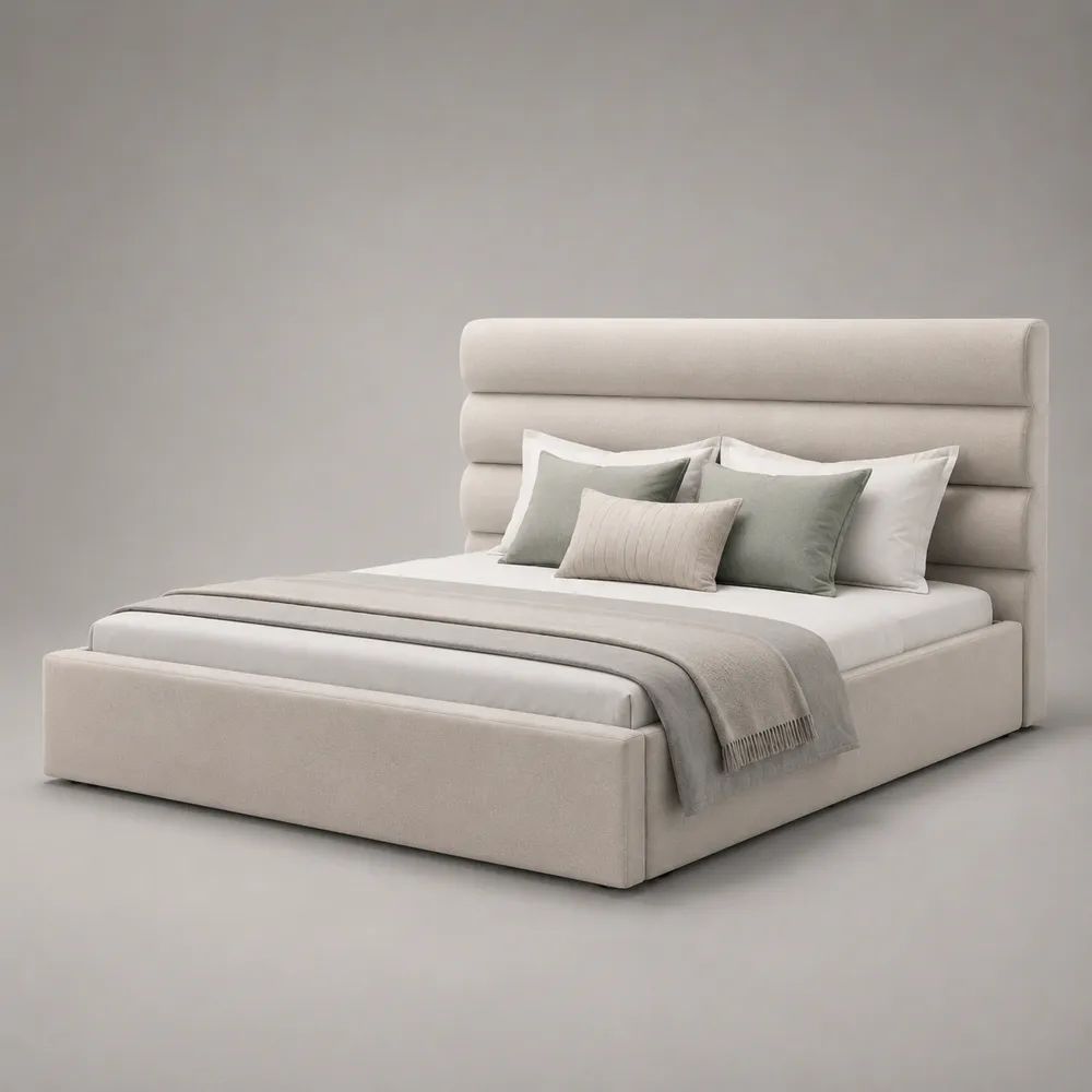 Letto matrimoniale imbottito beige 200 x 220 x 145 cm per materasso 180 x 200 cm, testiera alta a pannelli orizzontali