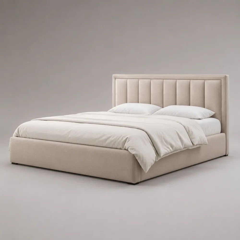 Letto matrimoniale imbottito in microfibra di poliestere beige, 176 x 218 x 112 cm, rete 160 x 200 cm e testiera a pannelli verticali
