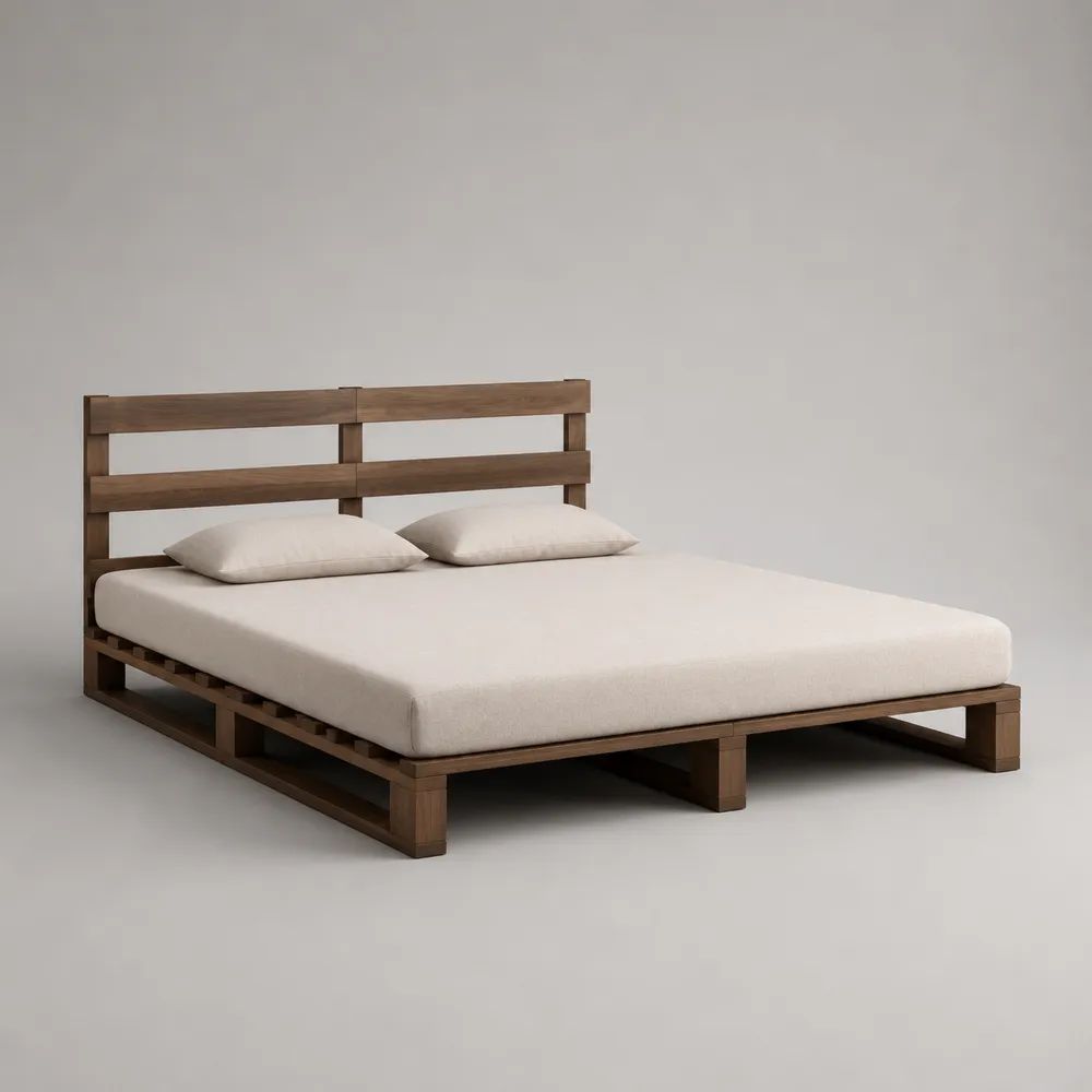Letto matrimoniale a piattaforma in legno marrone noce con testiera e rete a doghe, materasso 160 × 200 cm