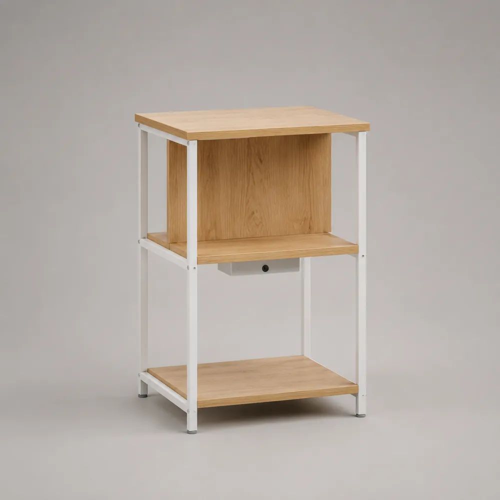 Comodino rettangolare con cassetto e 2 ripiani in acciaio e legno, rovere chiaro e bianco, 45 x 35 x 65 cm