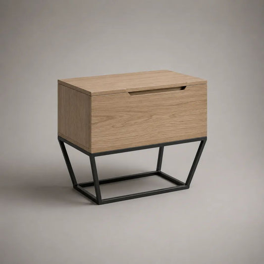 Comodino rettangolare in MDF impiallacciato rovere e acciaio nero con cassetto, 50 x 40 x 55 cm