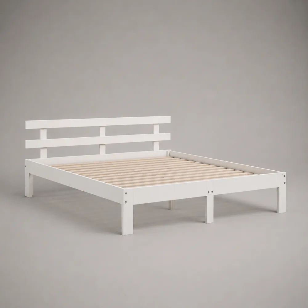 Letto matrimoniale in legno bianco 140 × 200 cm con testiera e rete a doghe