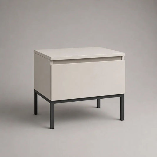 Comodino rettangolare con cassetto in MDF e acciaio, bianco e nero, 50 x 40 x 55 cm