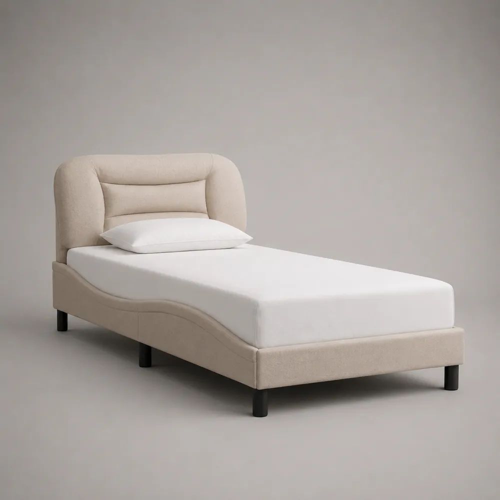 Letto singolo imbottito 90 × 200 cm in tessuto bouclé beige con testiera avvolgente e gambe nere, 105 × 218 × 105 cm