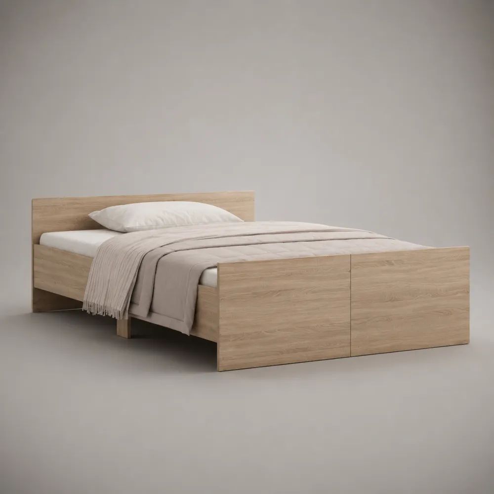 Letto matrimoniale in truciolare melaminico effetto rovere chiaro con 2 cassetti, per materasso 160 x 200 cm, dimensioni 207 x 166 x 90 cm