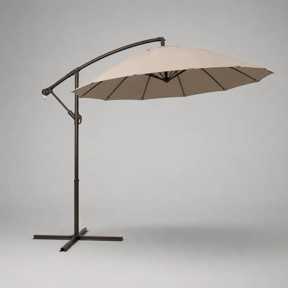 Ombrellone da esterno decentrato rotondo Ø 300 x H 250 cm in poliestere beige con struttura in acciaio marrone scuro