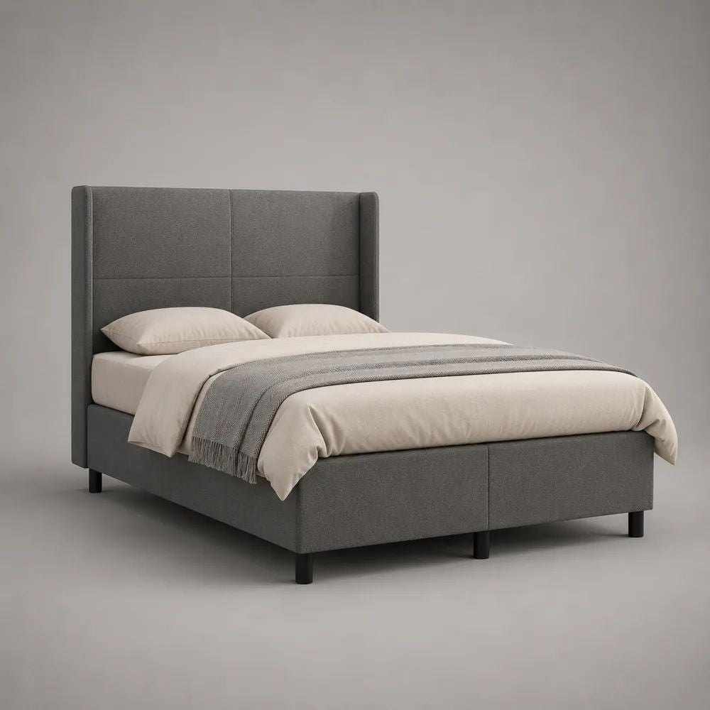 Letto matrimoniale imbottito grigio 160 x 200 cm con testiera alta e rete a doghe, 174 x 218 x 120 cm