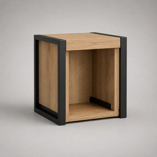 Comodino rettangolare con vano aperto in pannello truciolare melaminico effetto rovere e acciaio nero, 40 x 35 x 50 cm